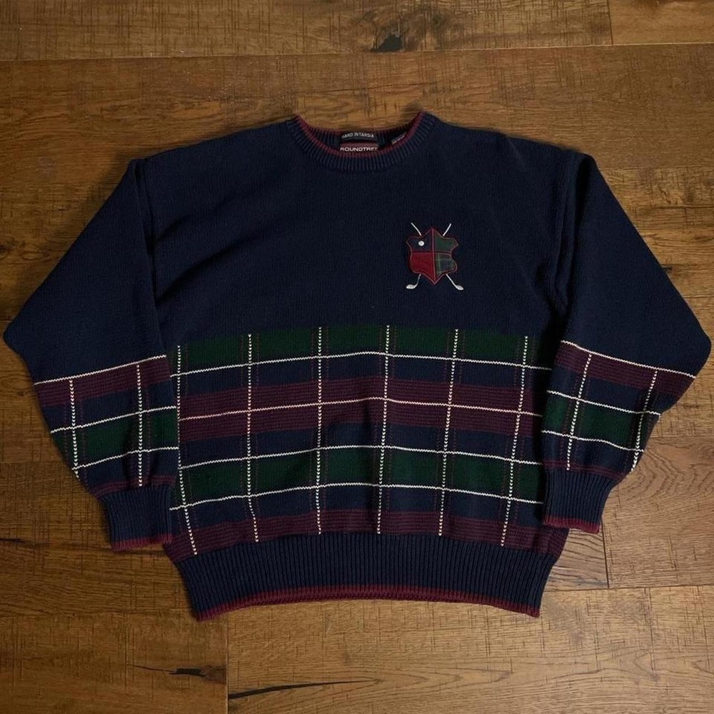 Roundtree & Yorke Sweater Mens XL Navy Blue Preppy Plaid Embroidered Golf Knit